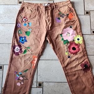 MISSLOOK Floral Painted Tan Denim Pants Size 4XL